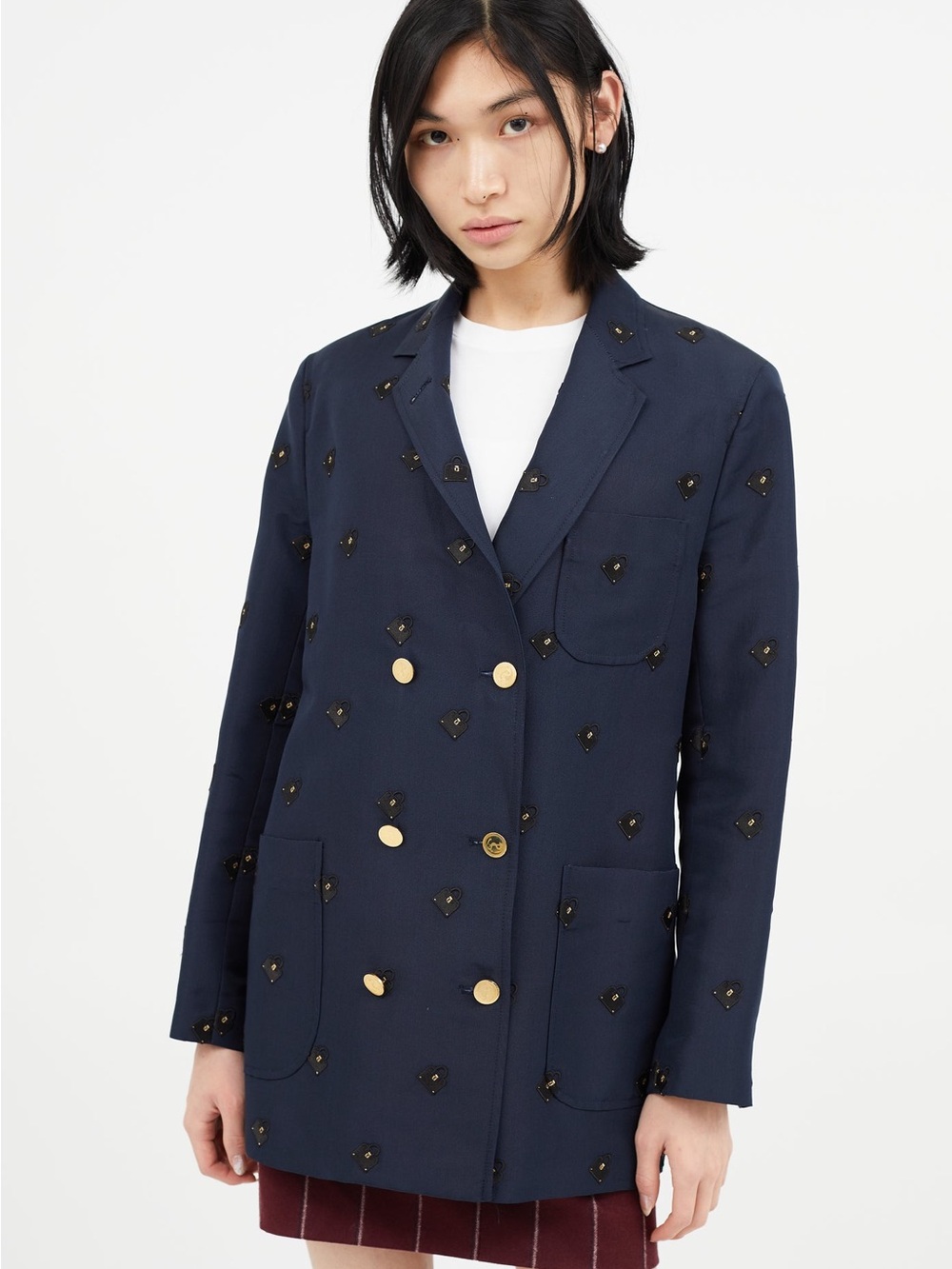 THOM BROWNE Navy Embroidered Double-Breasted Blazer with Gold Buttons